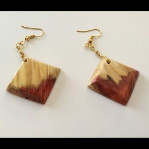 Ruby Flame, Diamond Shaped Elder Wood Earrings